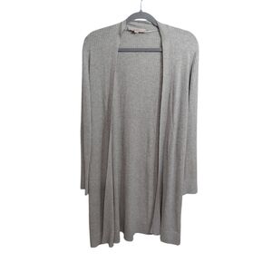 LOFT Light Gray Ribbed Open-Front Long Cardigan